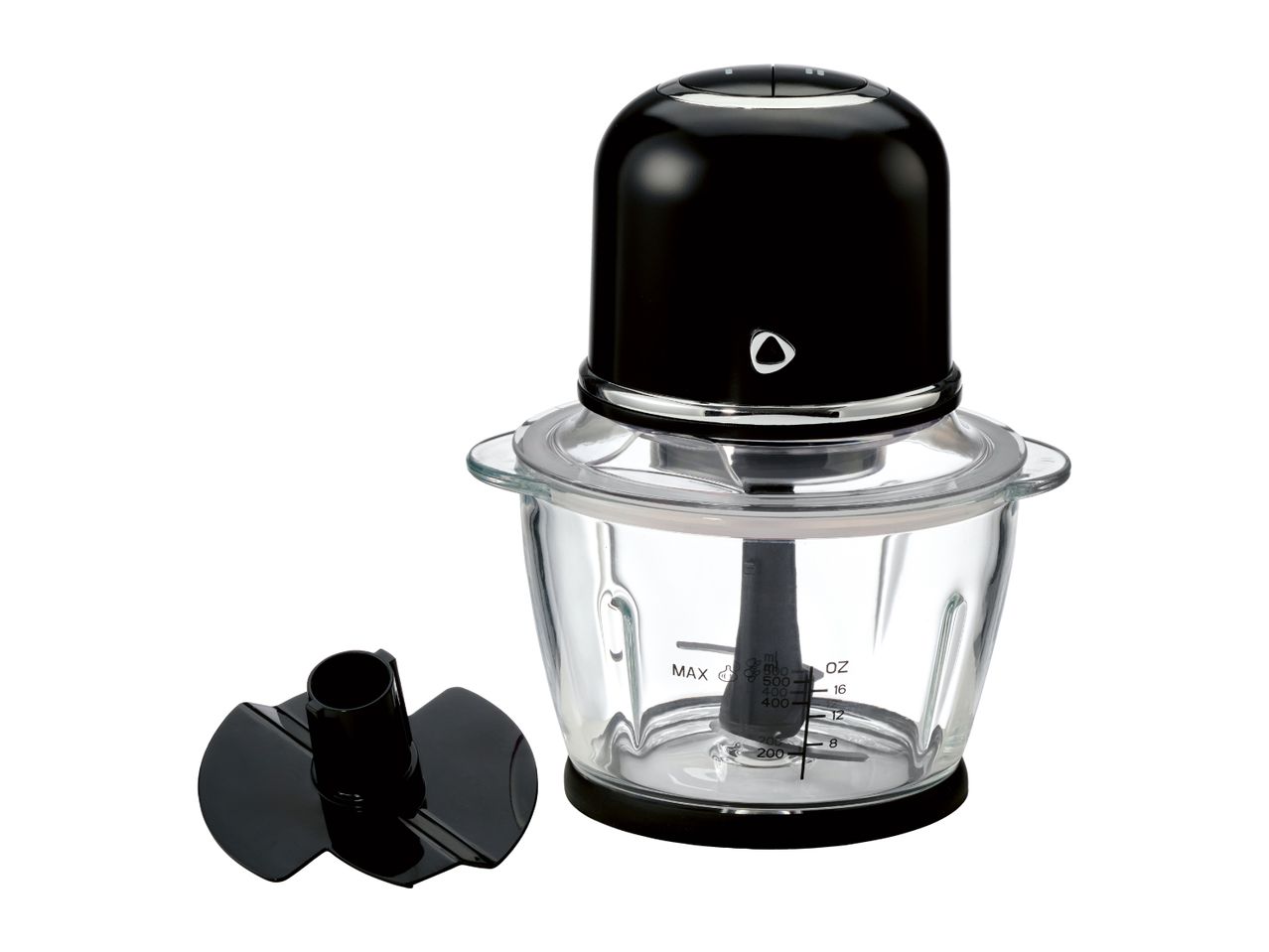 Electric food chopper with glass bowl and whipping attachment