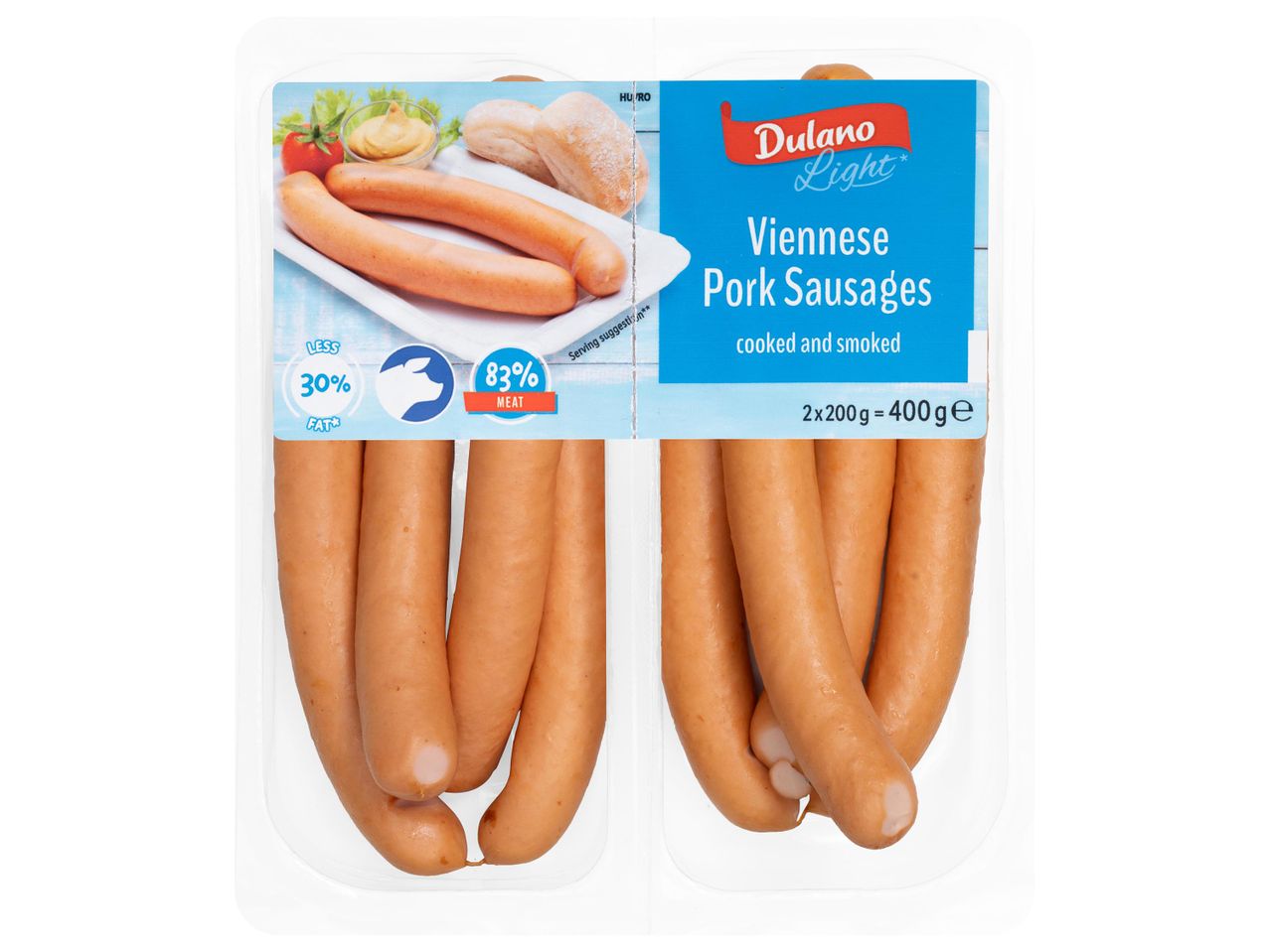 Bécsi sertéskolbász, főtt és füstölt, 83% hústartalommal és 30% zsírcsökkentéssel.