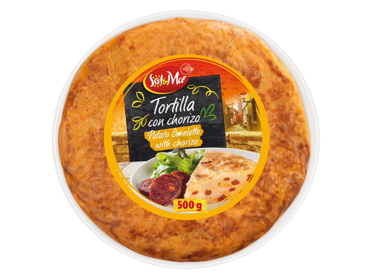 Sol & Mar Tortilla con chorizo, a potato omelette with chorizo, 500g.