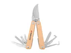 Multi-tool with wooden handles and various implements, including a pruning blade.