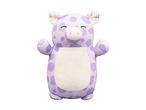 Purple spotted pig plush toy with a white belly and closed eyes