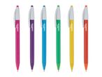 Six colorful ballpoint pens in pink, purple, blue, green, yellow, and red, each with a white clip.