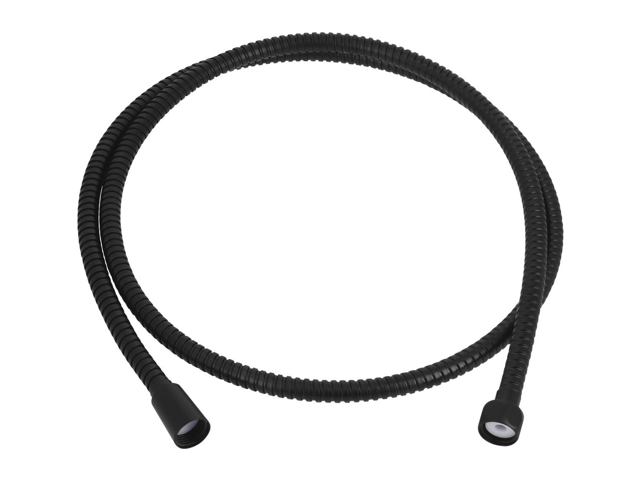 Black flexible shower hose with two threaded connectors, coiled on a white background.