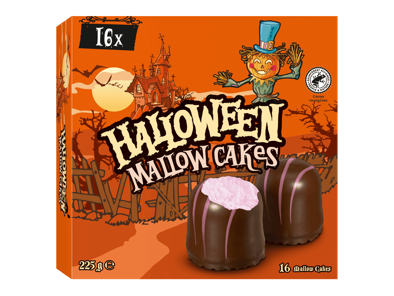 Laatikko suklaakuorrutettuja vaahtokarkkiherkkuja Halloween-teemalla.