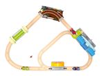 Wooden toy train track set with cars, bridge, and interactive elements.