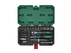 Socket wrench set with ratchet and swivel head, in a green case.
