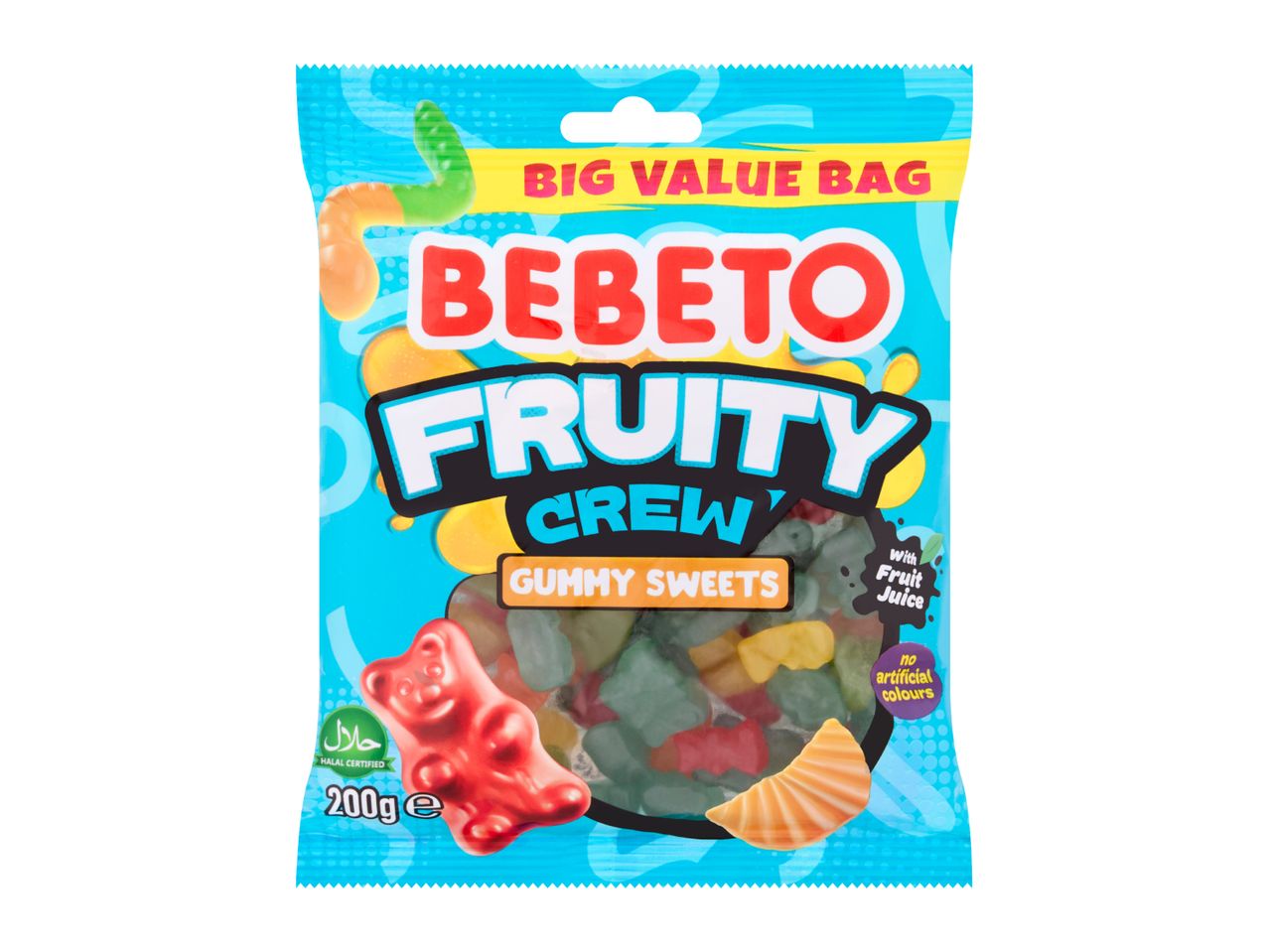 A 200g bag of halal-certified fruity crew gummy sweets with fruit juice.