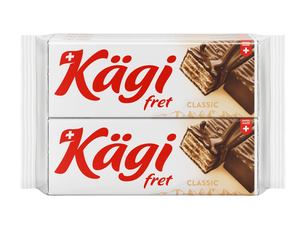 Deux paquets de barres gaufrettes au chocolat Kägi fret Classic, fabriquées en Suisse.