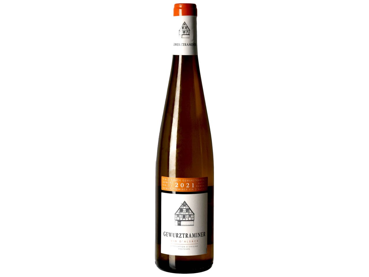 Bouteille de vin blanc Gewurztraminer d'Alsace 2021 avec une étiquette représentant une maison à colombages.