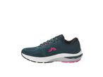 Scarpa da corsa verde acqua con accenti fucsia e suola bianca.