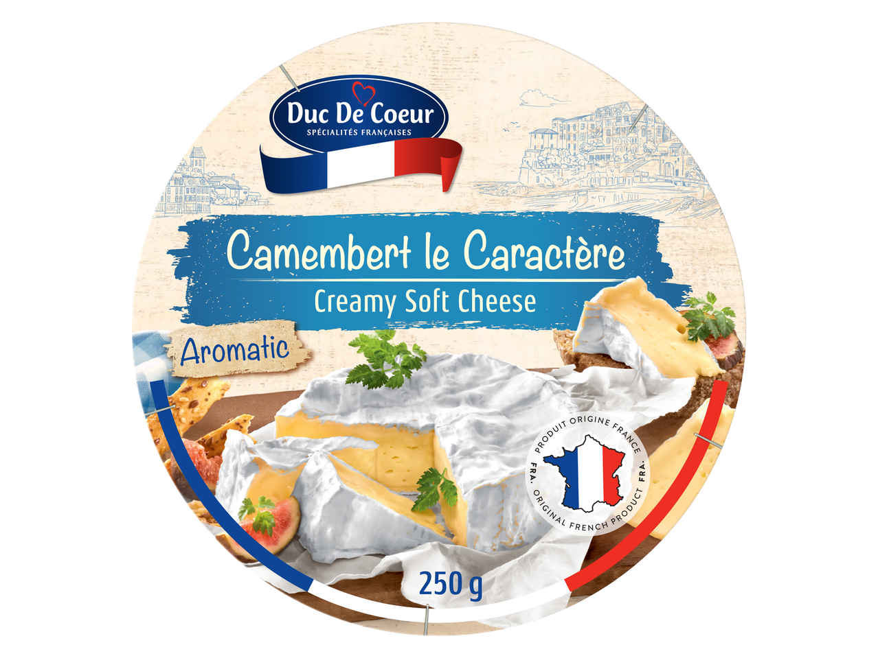 Duc de Coeur Camembert le Caractère: creamy, aromatic soft cheese.