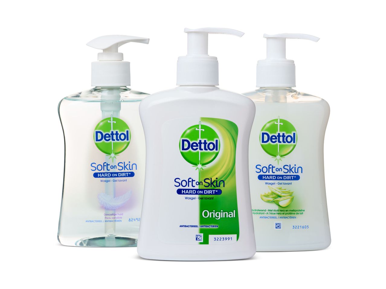 Drie flessen Dettol Soft on Skin handzeep: Original, Gevoelige huid en Aloë Vera.
