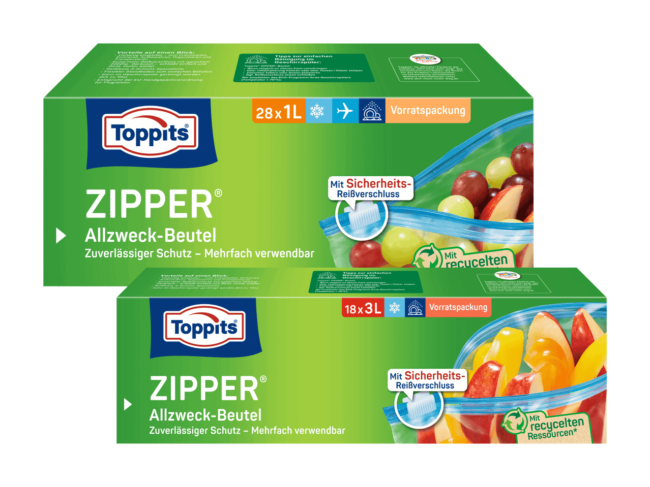 Zwei grüne Toppits Zipper Allzweck-Beutel Packungen mit Früchten und Gemüse.