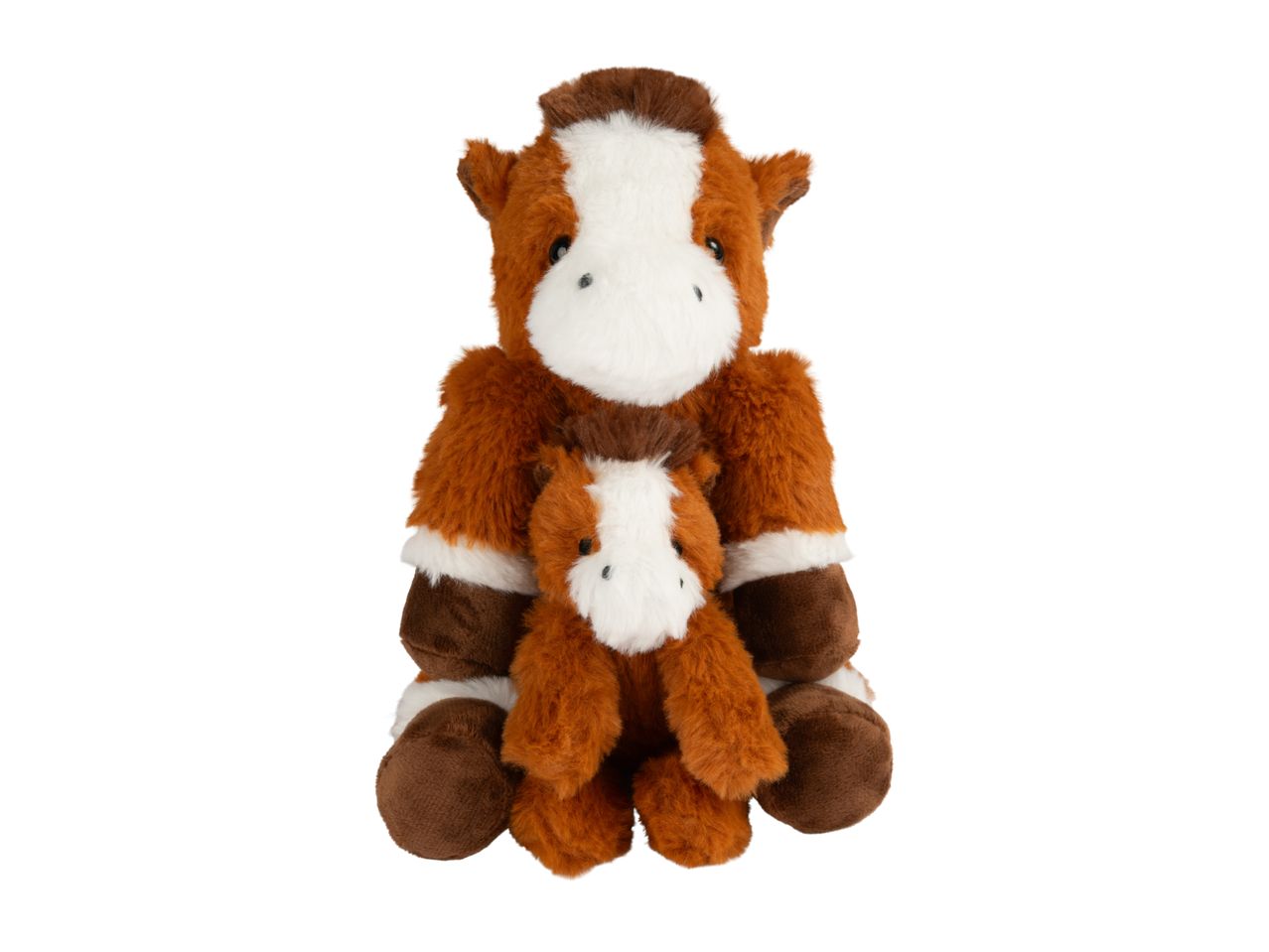 Two brown and white plush horse toys, a larger one with a smaller one in front.