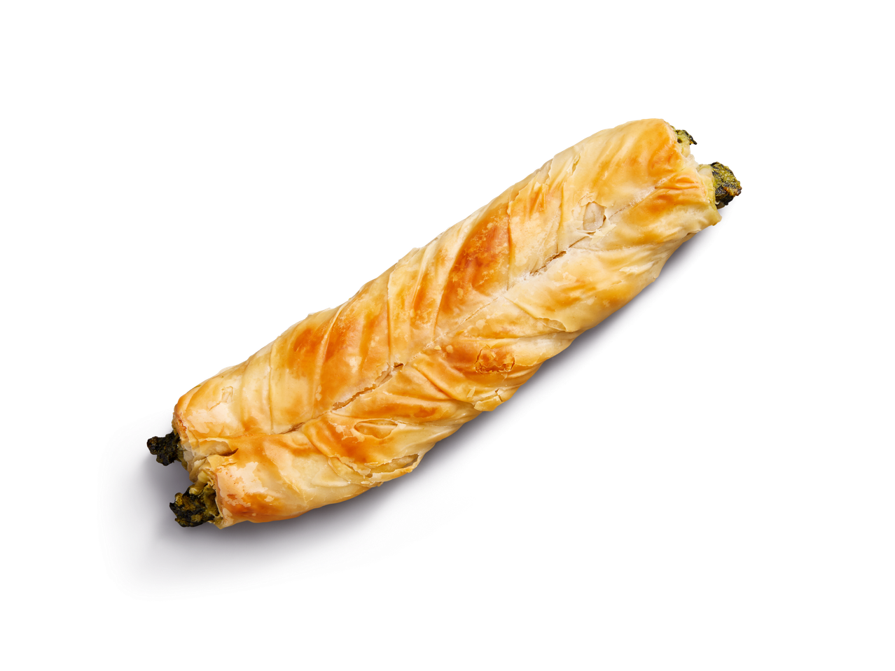 Ein goldbraunes Spinat-Käse-Gebäck liegt auf einem grauen Teller.
