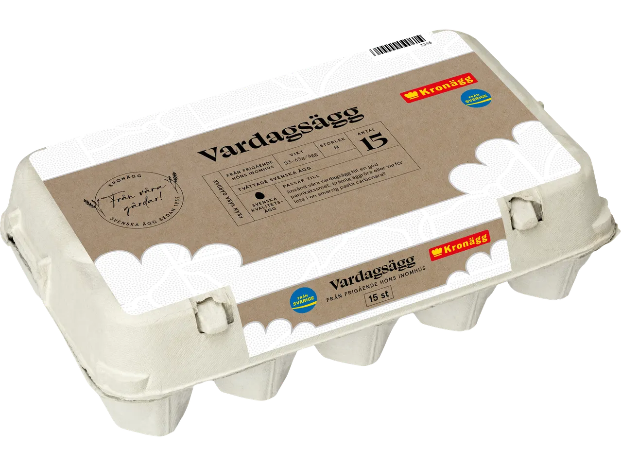 15 Kronägg vardagsägg från frigående höns i inomhusmiljö.