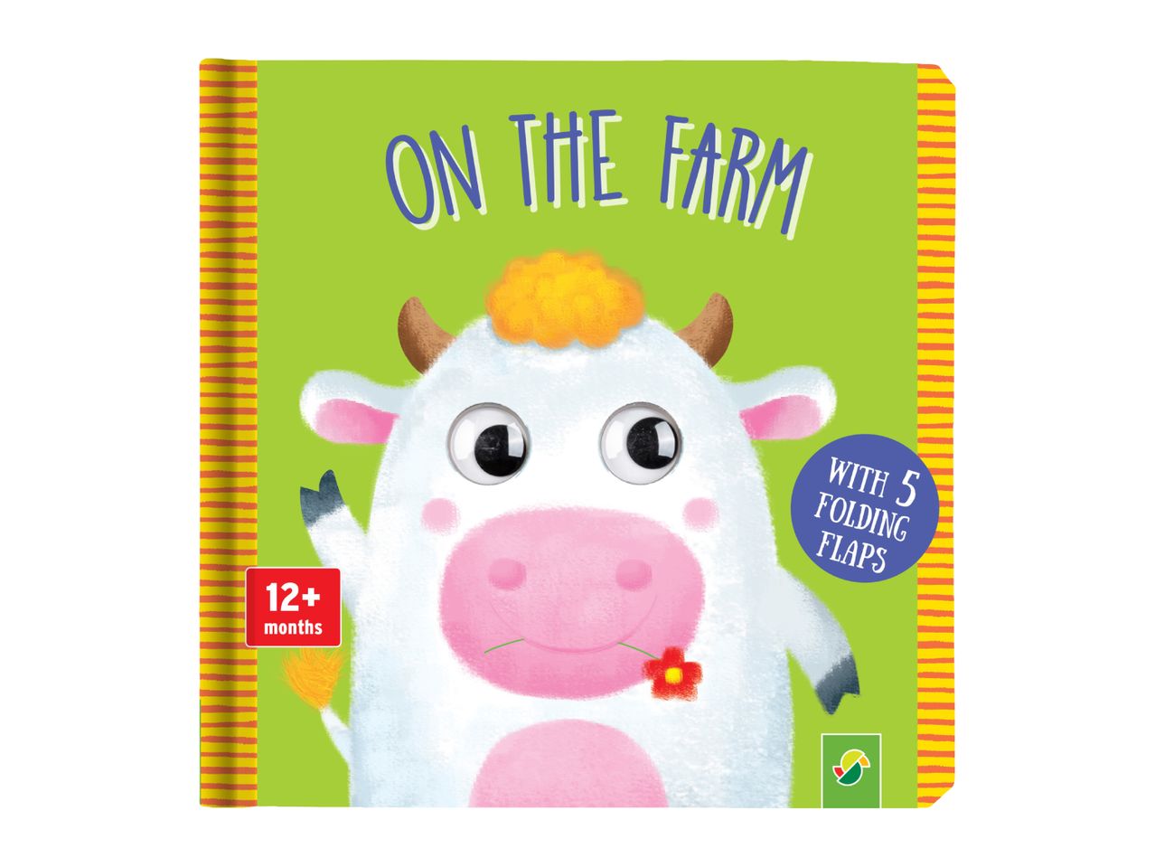 Children's board book 'On the Farm' with a cow, 5 folding flaps, for 12+ months.