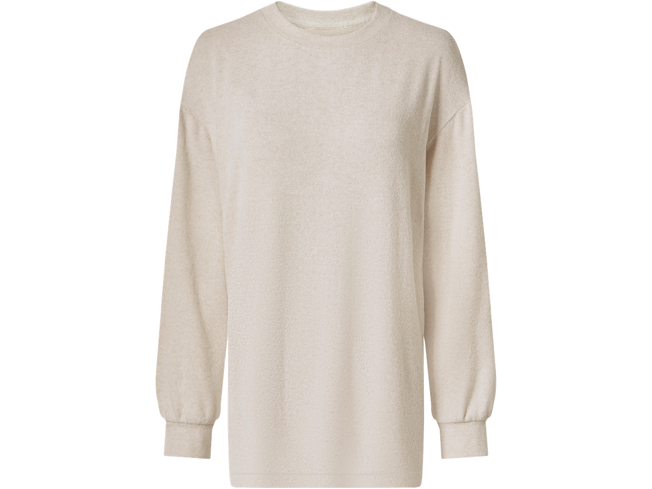 Bézs színű, hosszú ujjú, kerek nyakú női pulóver.