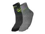 Two pairs of socks, one black with a green logo and the other grey with a green mountain design.