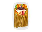 Package of long, thin, light-brown pasta-like snacks.