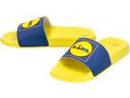 Pair of yellow and blue slide sandals with a circular logo on the strap.