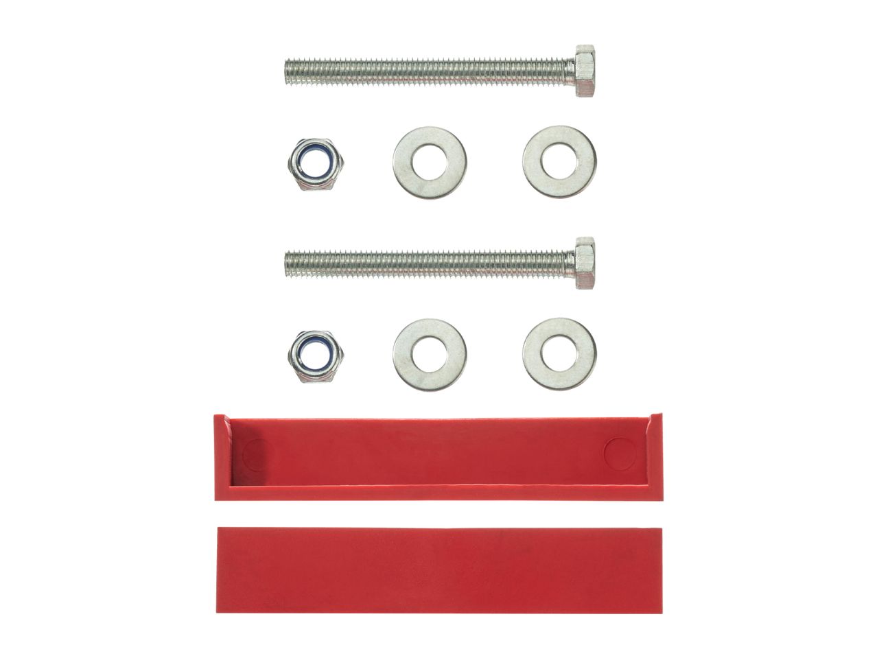 Two sets of bolts, nuts, and washers, with two red plastic pieces below.
