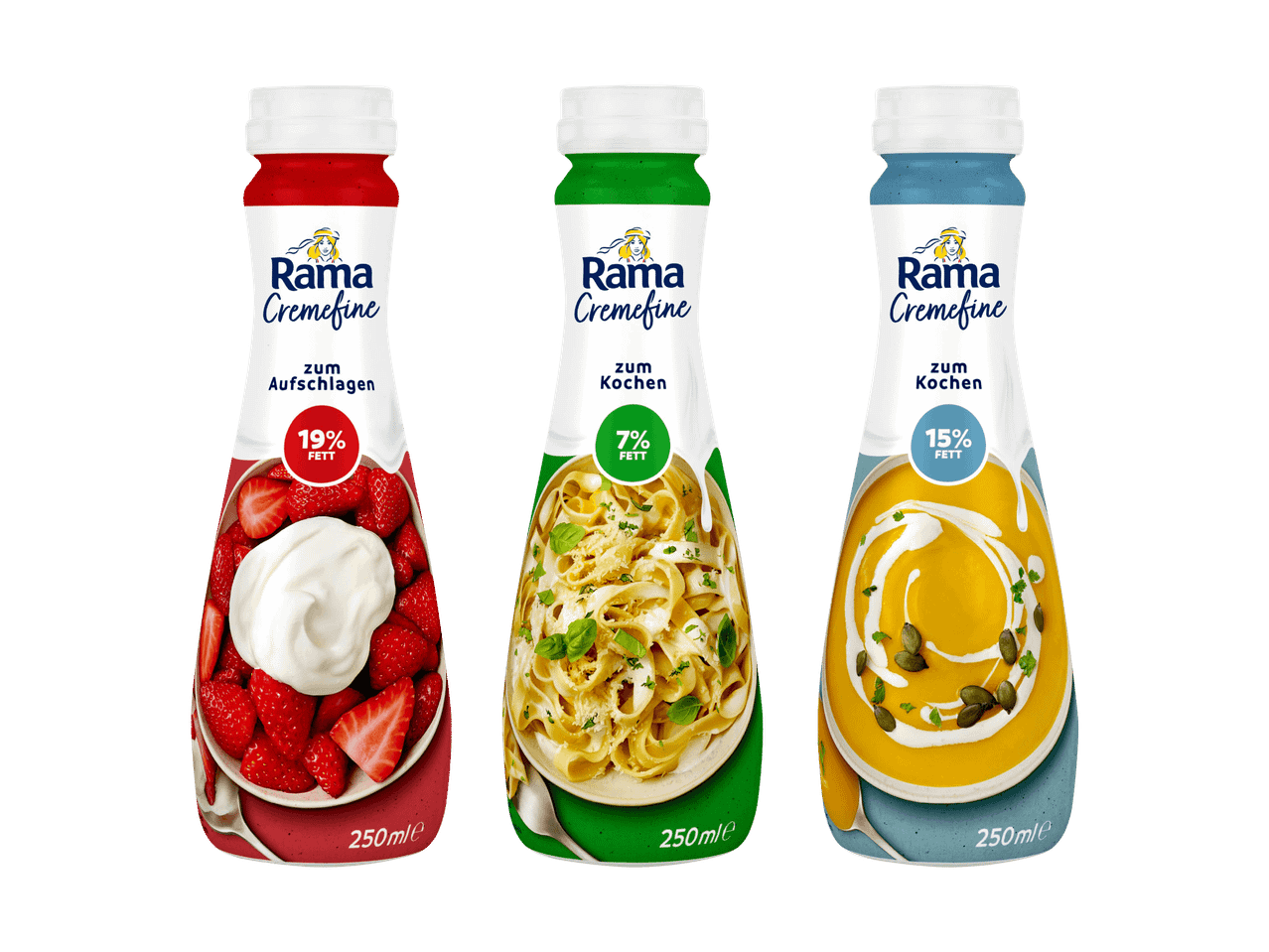 Drei Rama Cremefine Flaschen: zum Aufschlagen (19% Fett), zum Kochen (7% Fett), zum Kochen (15% Fett).