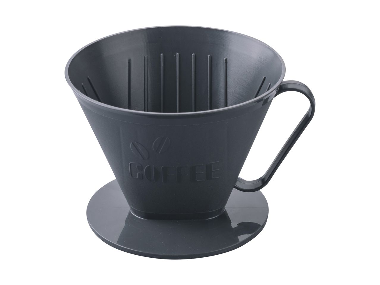 Dark gray plastic coffee filter cone with a handle and a flat base.