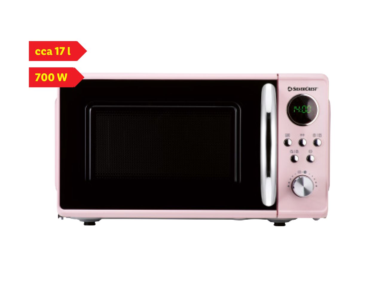 Ružičasta mikrovalna pećnica s kapacitetom od 17 L i snagom od 700 W.