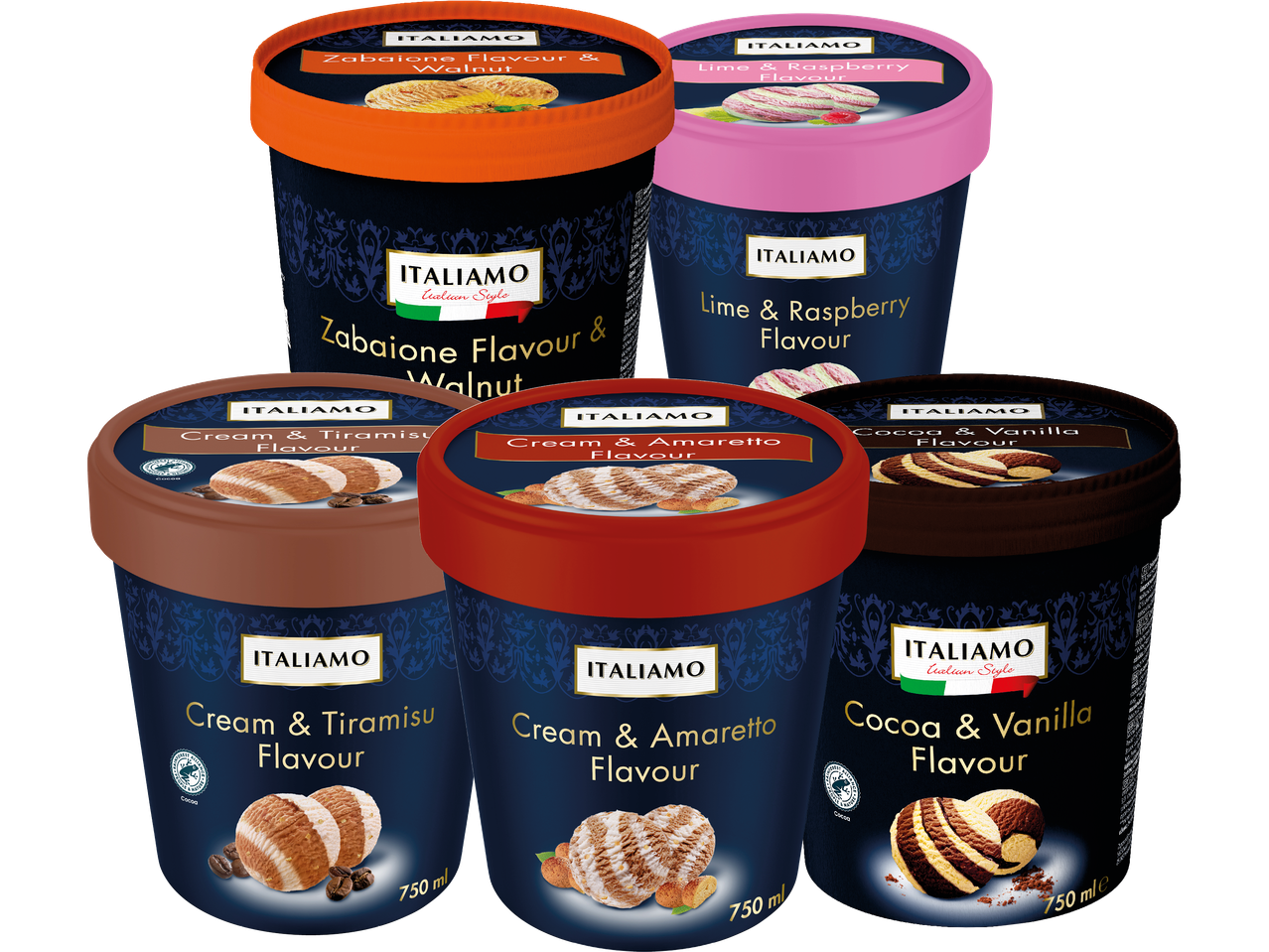 Fem behållare med glass från varumärket Italiamo i olika smaker som zabaglione, lime & hallon, tiramisu, amaretto och kakao & vanilj.