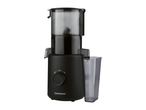 Black slow juicer with a transparent pulp container and a control knob.