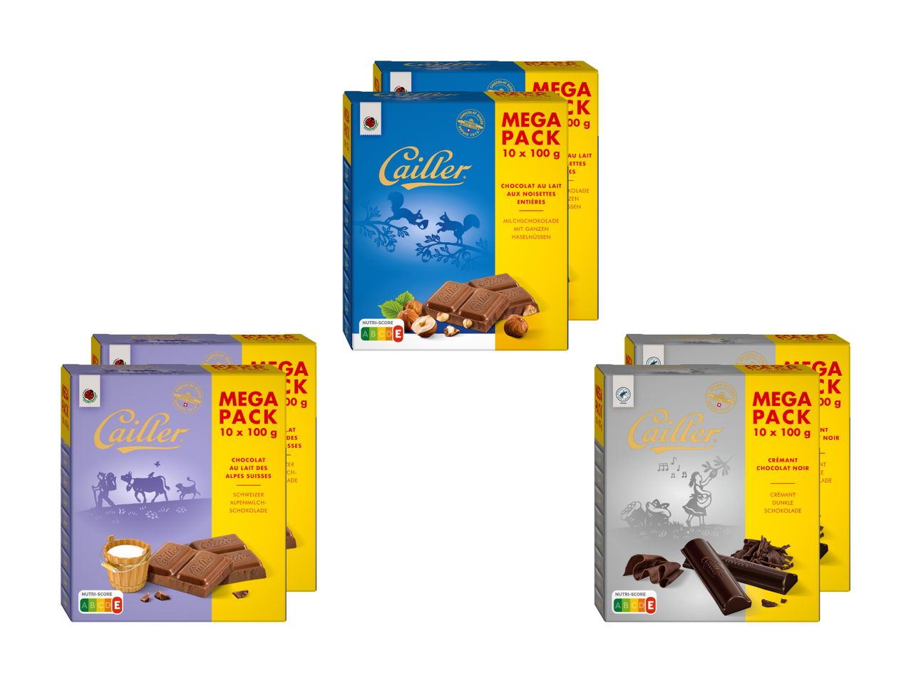 Drei verschiedene Cailler Mega Packs mit Milchschokolade, Schokolade mit Haselnüssen und dunkler Schokolade.