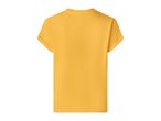 Back view of a plain yellow short-sleeved t-shirt with rolled-up sleeves.