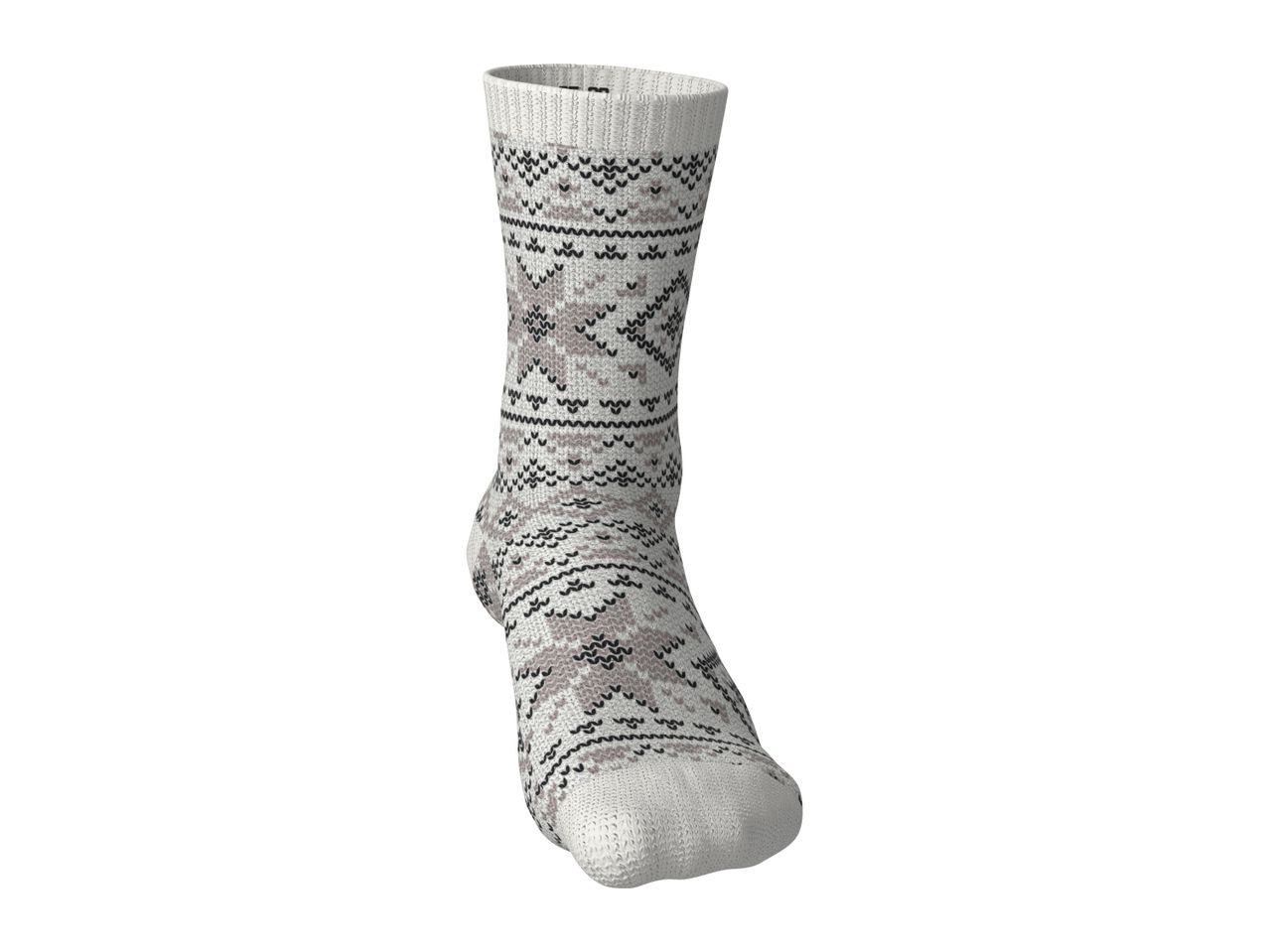 Single white sock with a gray and black fair isle pattern