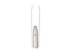 Silver electric eyebrow tweezers with a button, held by a thin metal stand.