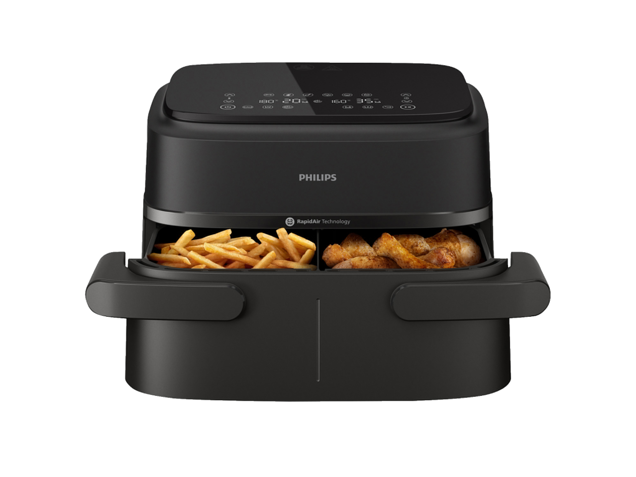 Philips Air Fryer with two baskets, one filled with fries and the other with chicken drumsticks.