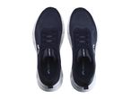 Pair of dark blue running shoes with white soles, viewed from above.