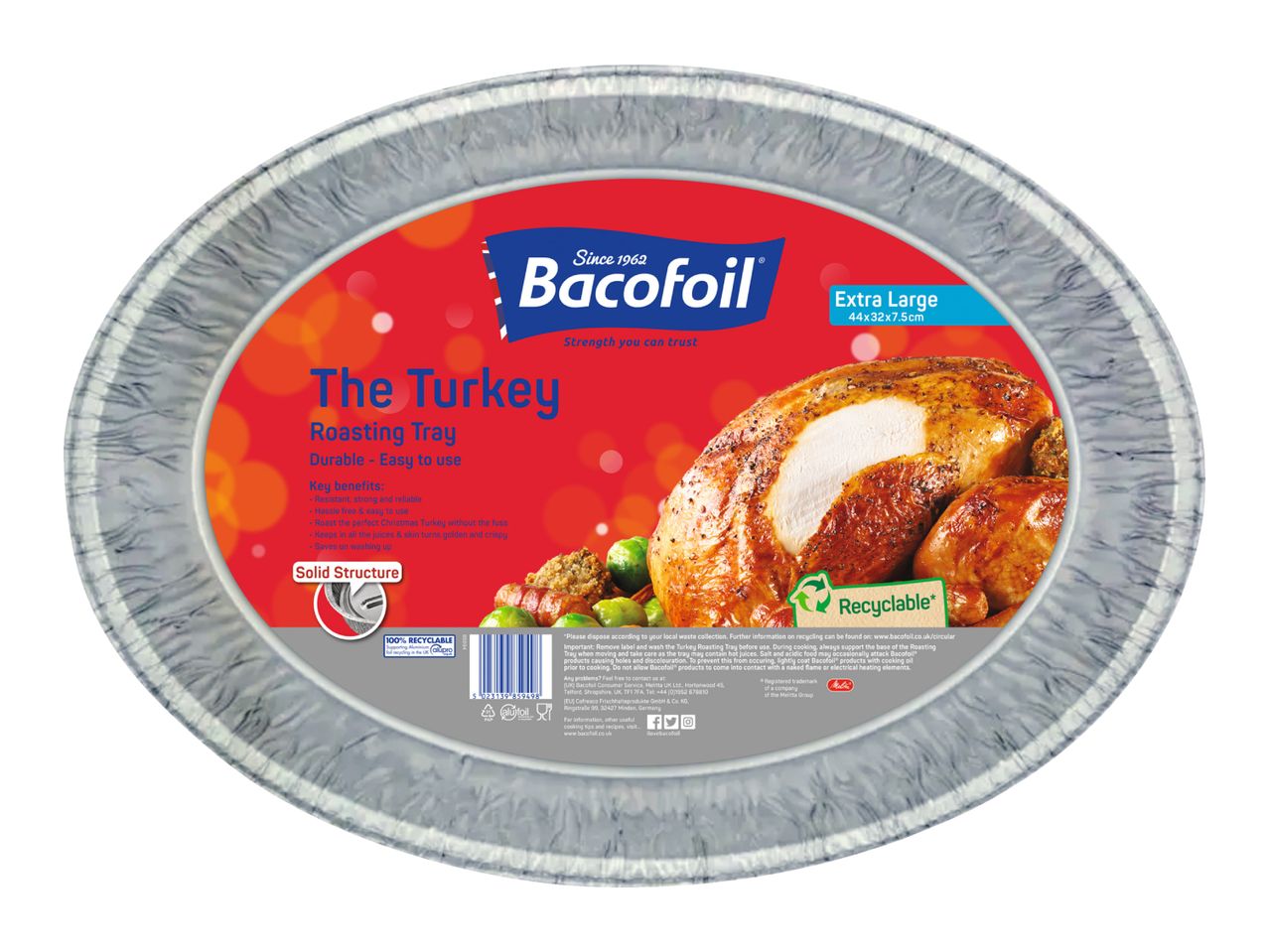 Bacofoil Extra Large Turkey Roasting Tray, durable and easy to use, with key benefits and recycling information.