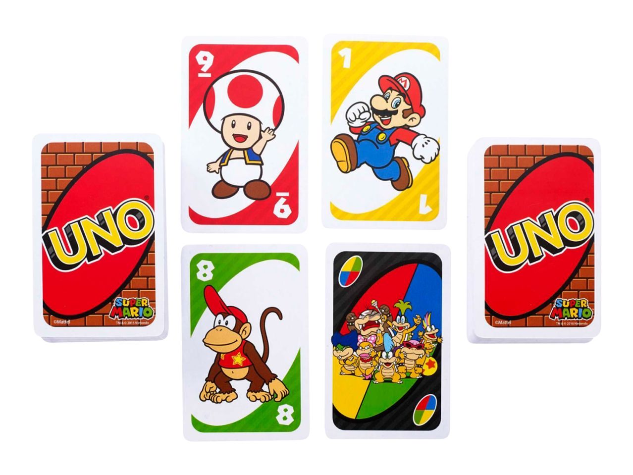 Super Mario themed playing cards, including character cards and UNO backs.