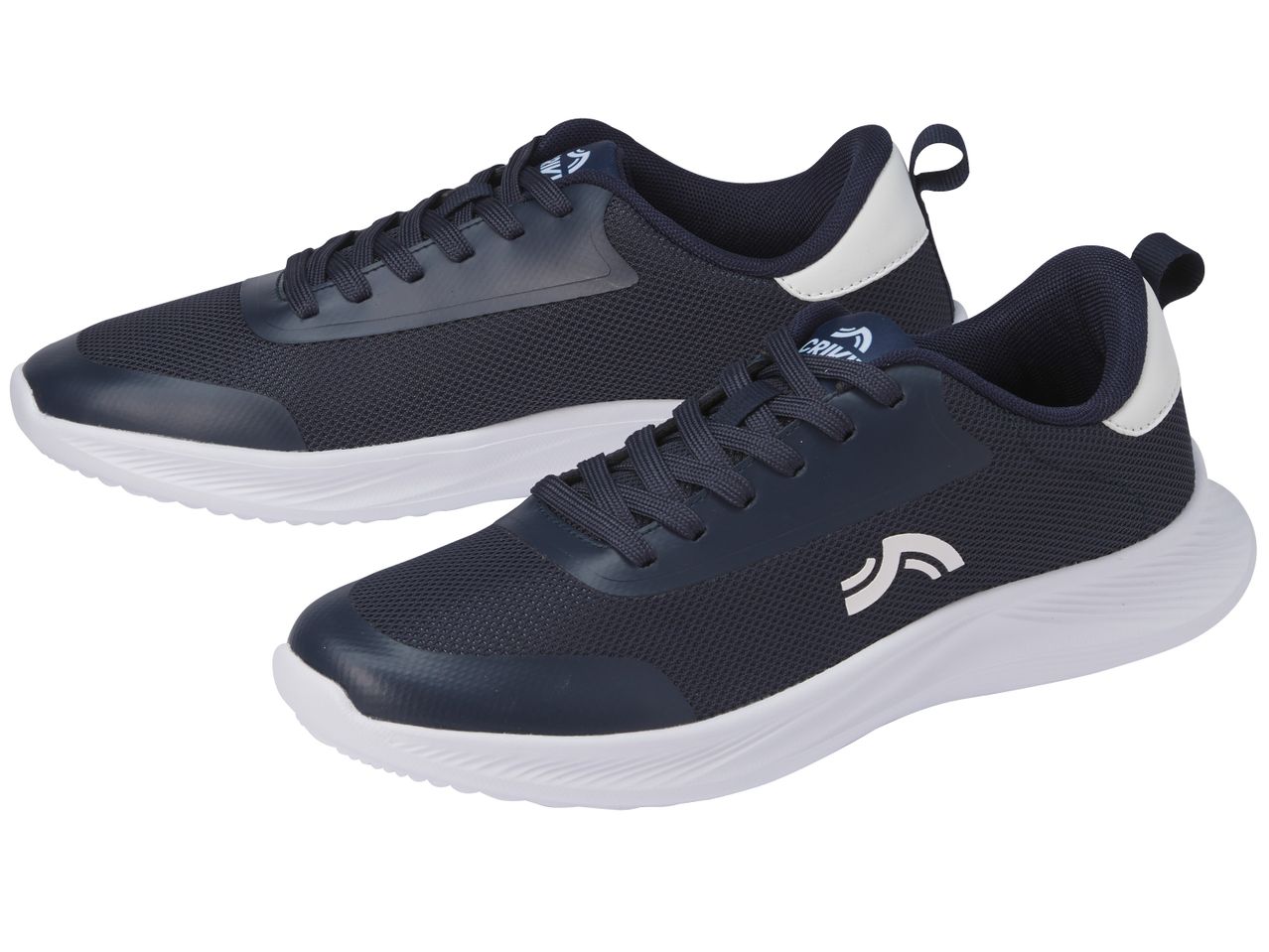 Два тъмносини спортни обувки с бели подметки и бели акценти.