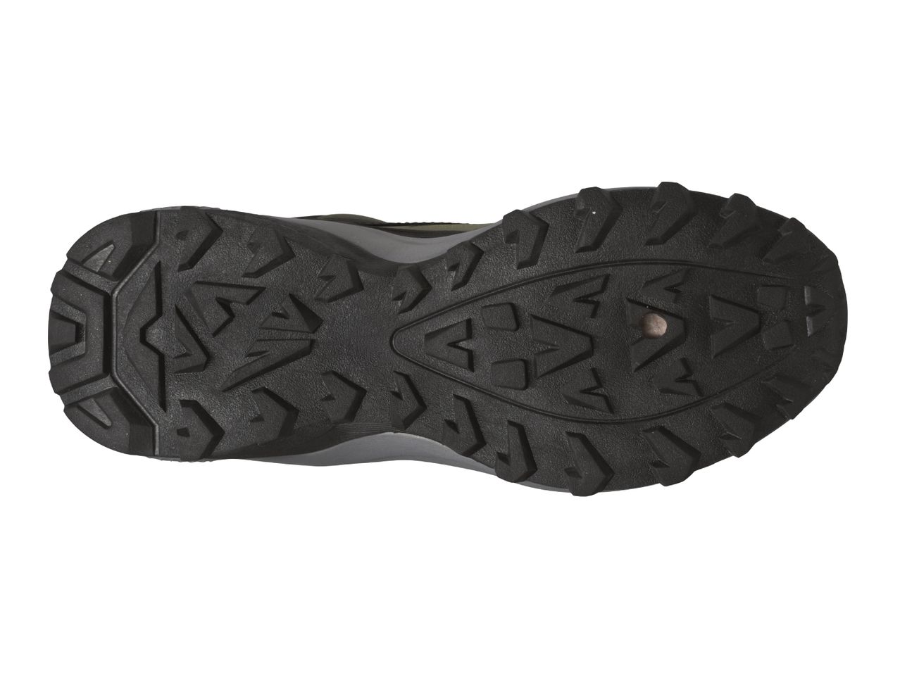 The bottom of a black hiking shoe with a textured sole.