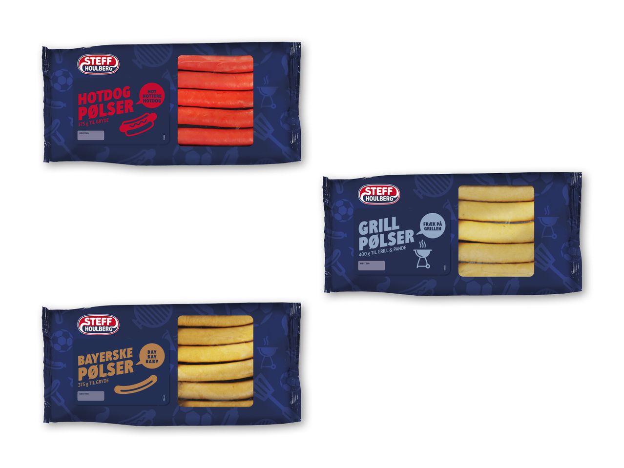 Tre pakker Steff Houlberg pølser: Hotdog, Grill og Bayerske pølser.