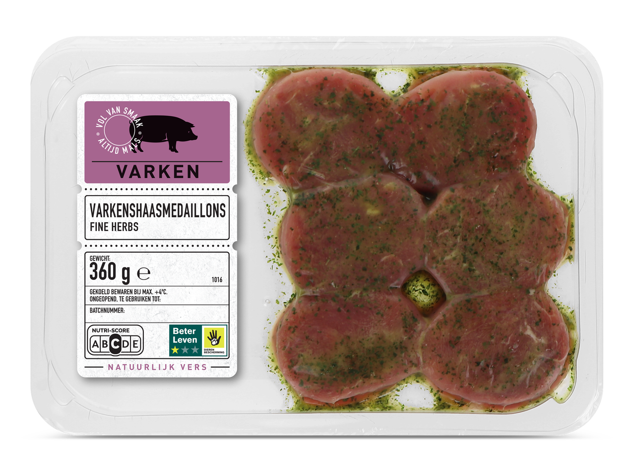 Verpakking varkenshaasmedaillons met fijne kruiden, 360g, met Nutri-Score C en Beter Leven keurmerk.