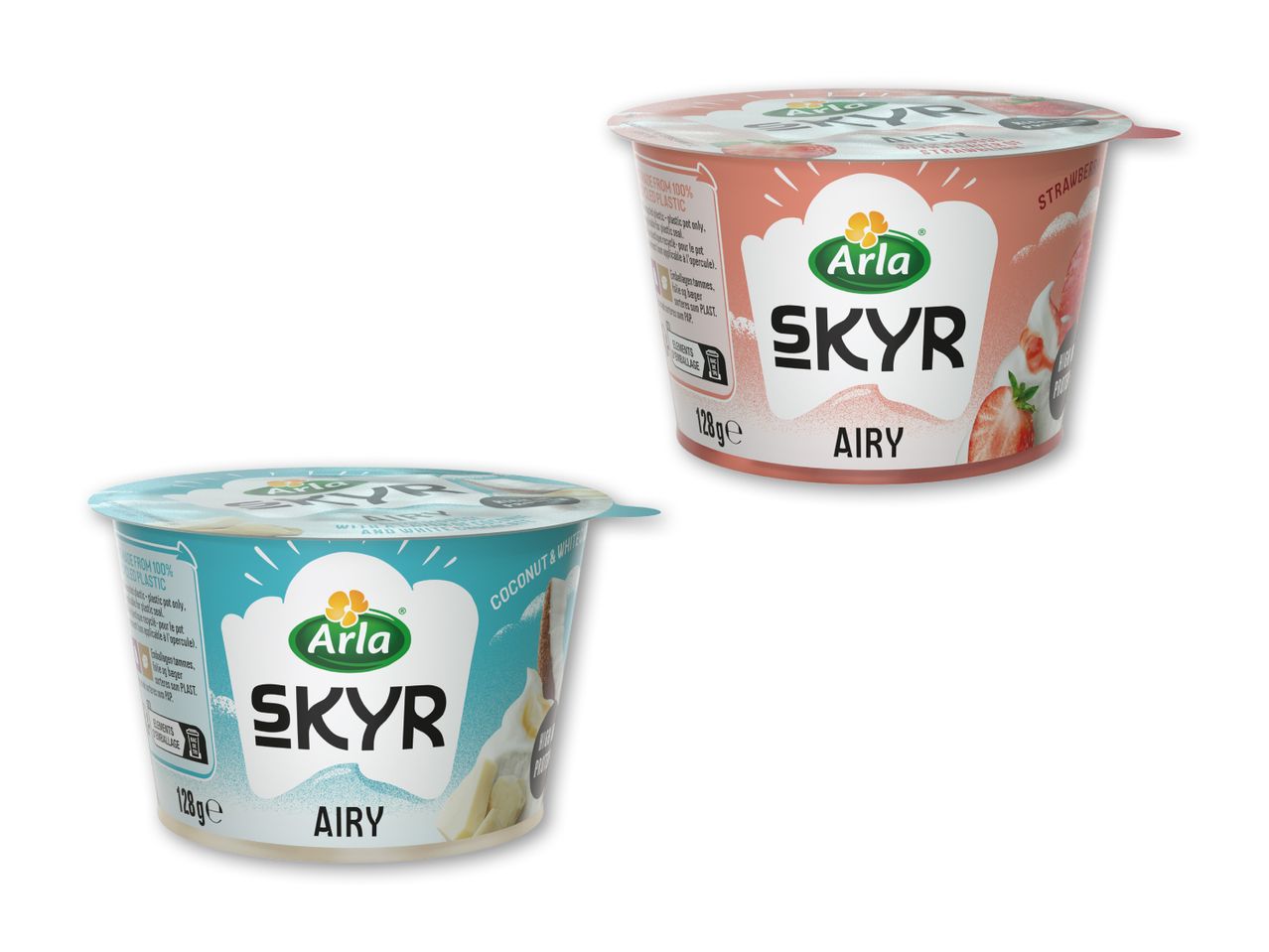 To Arla Skyr Airy yoghurtbægre, en med jordbær og en med kokos og hvid chokolade.
