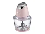 SilverCrest food chopper with a pink base and top, and a clear glass bowl.