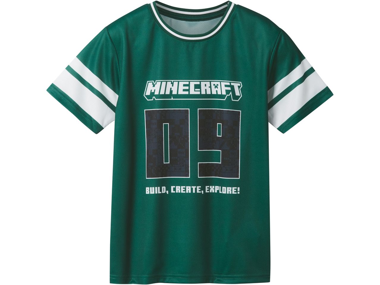 Minecraft boys' green t-shirt with white stripes and number 09.
