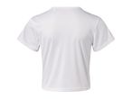 A plain white short-sleeved t-shirt is shown from the back.