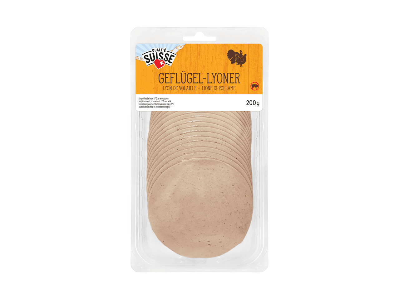 Confezione di lyoner di pollo affettato, 200g, con etichetta Qualità Svizzera.