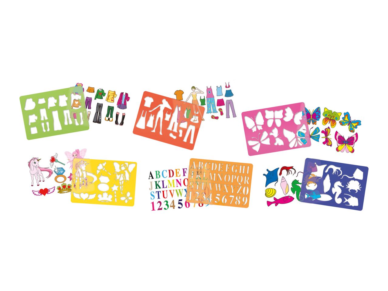 Colorful stencil sets featuring various animal and object shapes for kids' crafts.