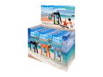 Display of waterproof mobile phone bags in black, orange, and grey, suitable for beach use.